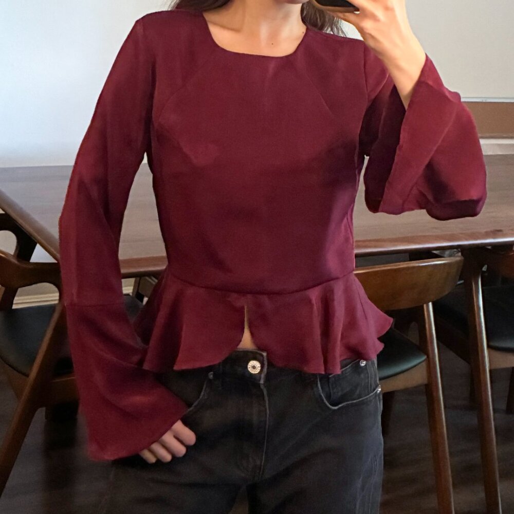 J.O.A Burgundy Peplum Blouse with Bell Sleeves